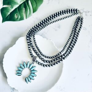Squash Blossom Necklace Faux Turquoise Beaded Layer Southwestern Boho Western